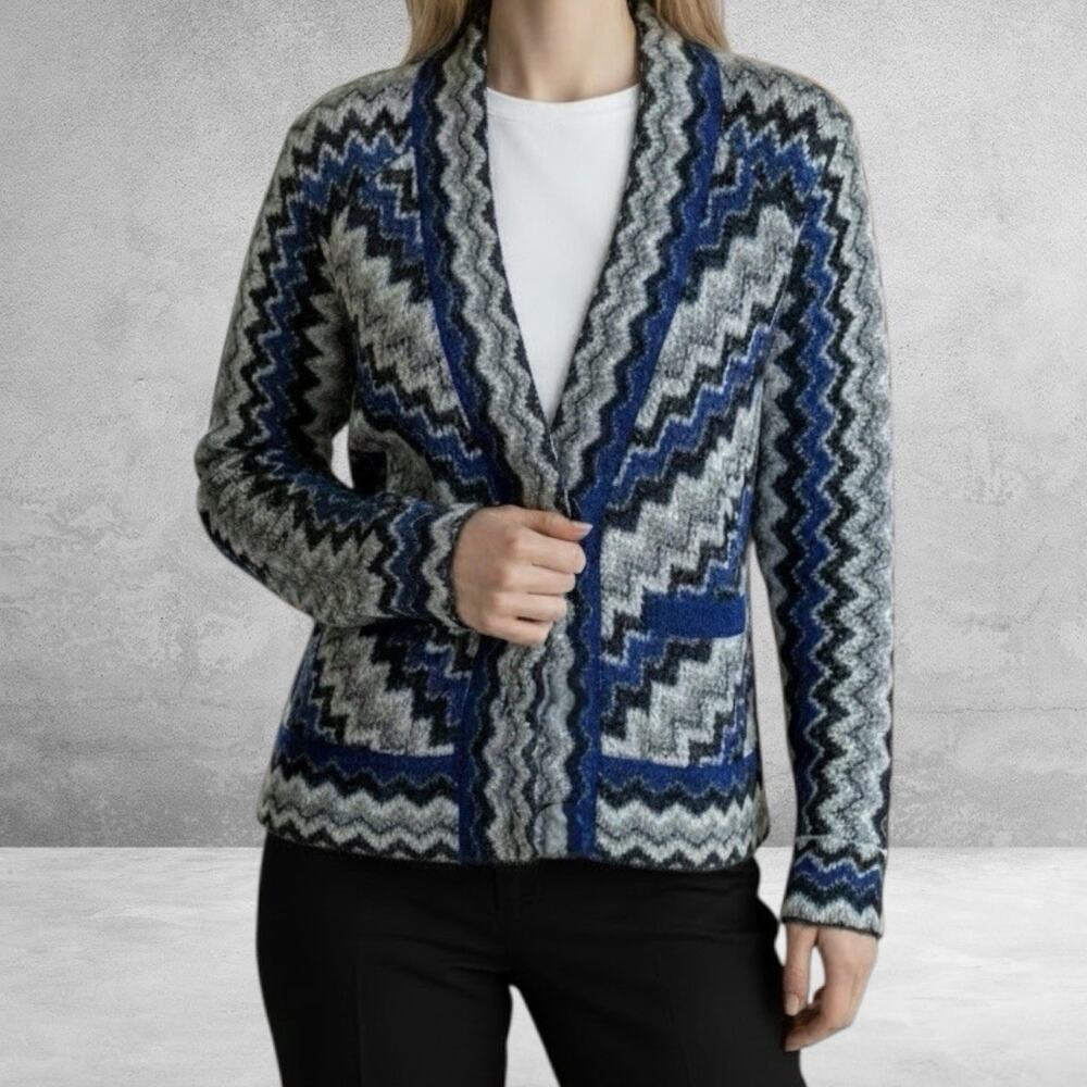 Chico's Sz 0 (4) Zig Zag Cardigan Jacket Blue Gray Black Mohair‎ Wool Open Cozy